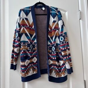 Divided Open Front Southwestern 100% Cotton Cardigan. Pockets. Longer length. L